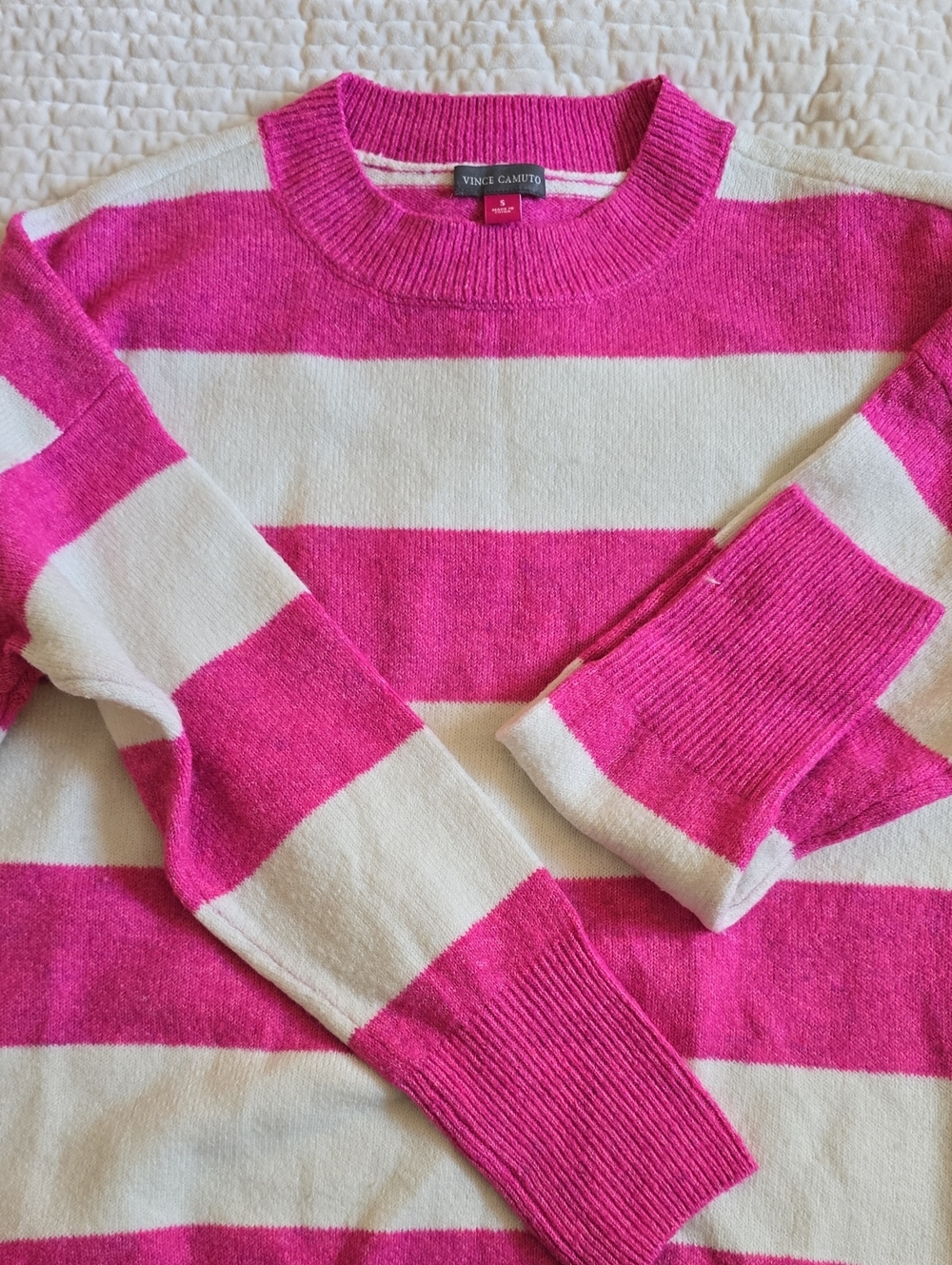 Vince Camuto Hot Pink and Cream Wide-Stripe Crewneck Sweater - Size S
